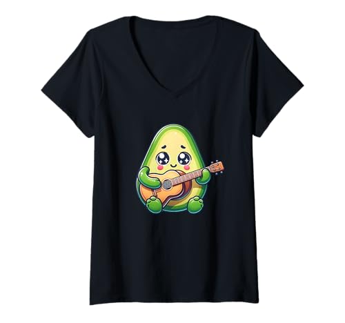 Damen Kawaii Avocado Mit Gitarre Niedlich Musik Cartoon T-Shirt mit V-Ausschnitt Damen Kawaii Avocado Mit Gitarre Niedlich Musik Cartoon T-Shirt mit V-Ausschnitt von Avocado Kawaii Gitarre Musik Lustig Cartoon