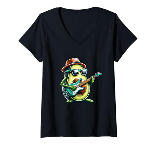 Damen Avocado Rockt Mit Gitarre Und Sonnenbrille T-Shirt mit V-Ausschnitt von Avocado Musiker Gitarre Sonnenbrille Hut