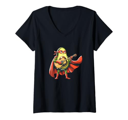 Damen Superheld Avocado Mit Gitarre Musik Lustig Cartoon T-Shirt mit V-Ausschnitt von Avocado Superheld Gitarre Musik Lustig Comic