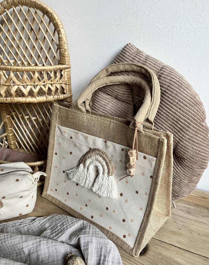 Mädchen Tasche Jute Shopper Regenbogen Personalisiert Fairtrade Gepunktet Naturtöne Namen Jutetasche Kinder von Avocadopink