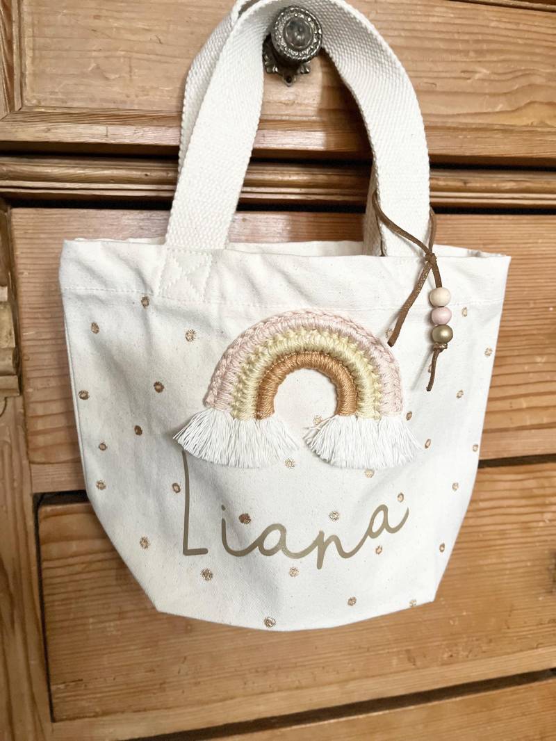 Mini Mädchen Tasche Regenbogentasche Regenbogen Gepunktet Punkte Gold Pastell Rosé Namen Personalisierbar Shopper Bio Mädchentasche von Avocadopink