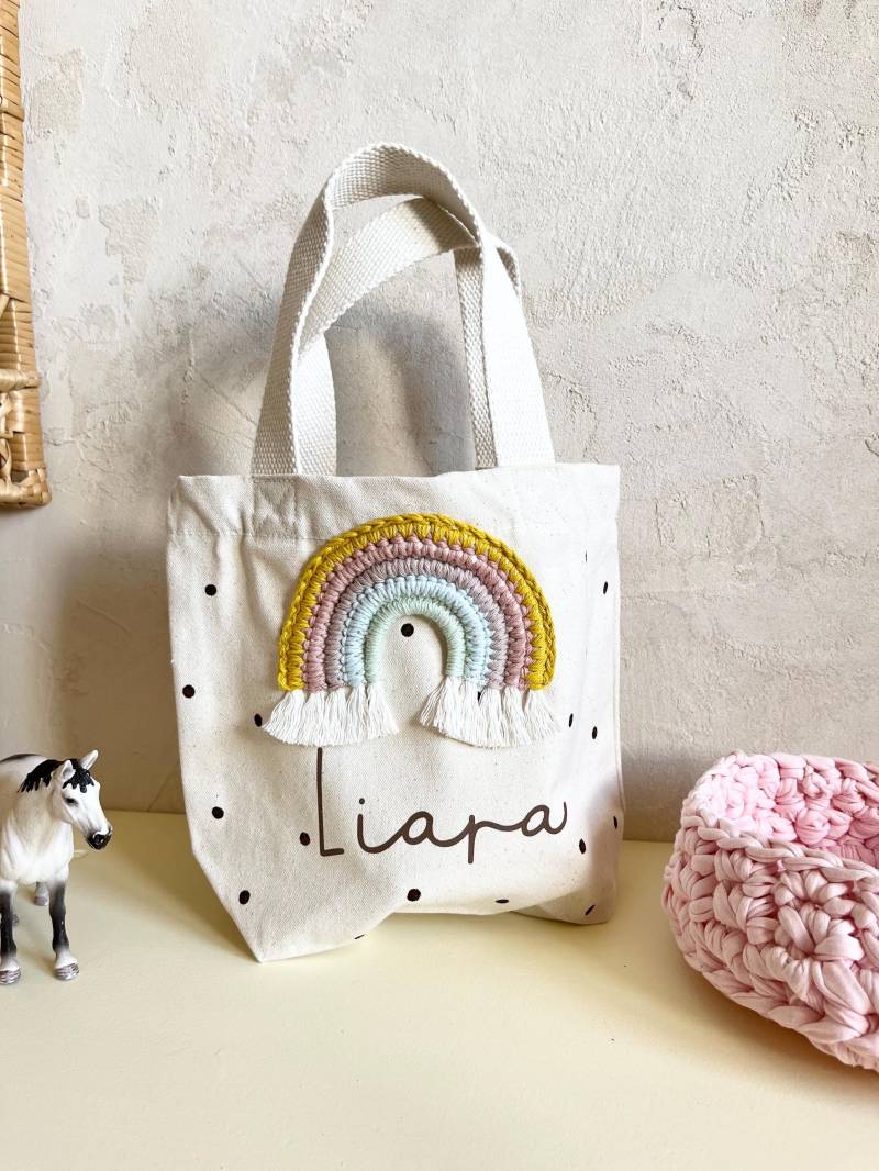 Mini Mädchen Tasche Regenbogentasche Regenbogen Gepunktet Punkte Namen Pastell Bunt Personalisierbar Shopper von Avocadopink