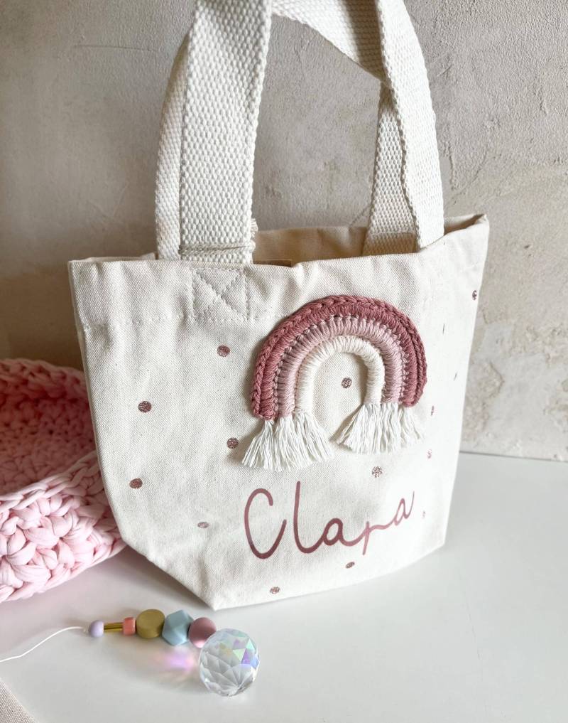 Mini Mädchen Tasche Regenbogentasche Regenbogen Gepunktet Punkte Namen Rosa Rosé Glitzer Personalisierbar Shopper von Avocadopink
