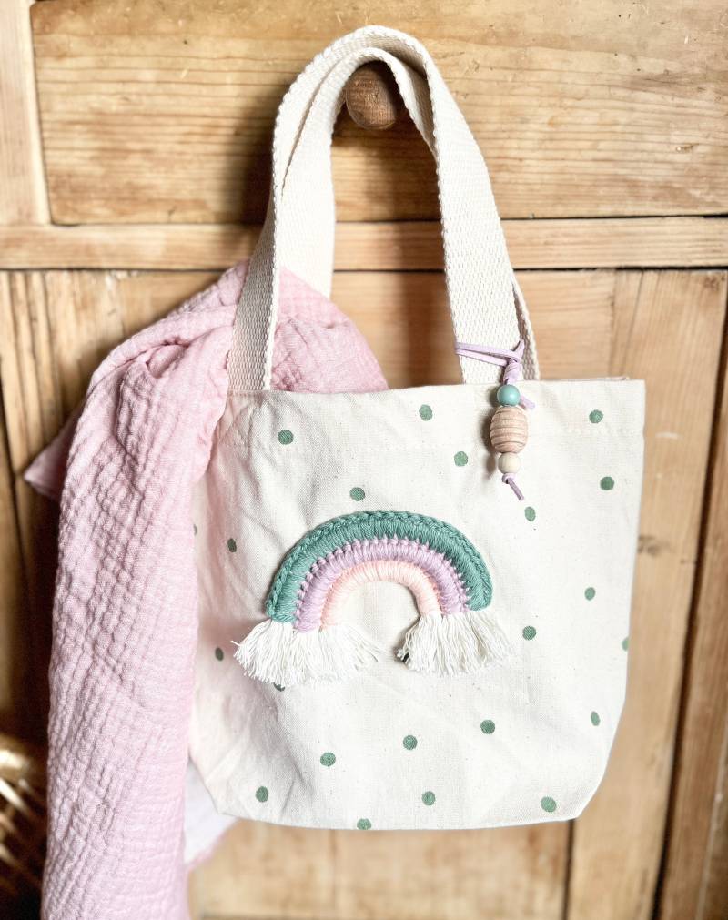 Mini Mädchen Tasche Regenbogentasche Regenbogen Grün Flieder Gepunktet Punkte Shopper Personalisiert Mit Name Geschenk von Avocadopink