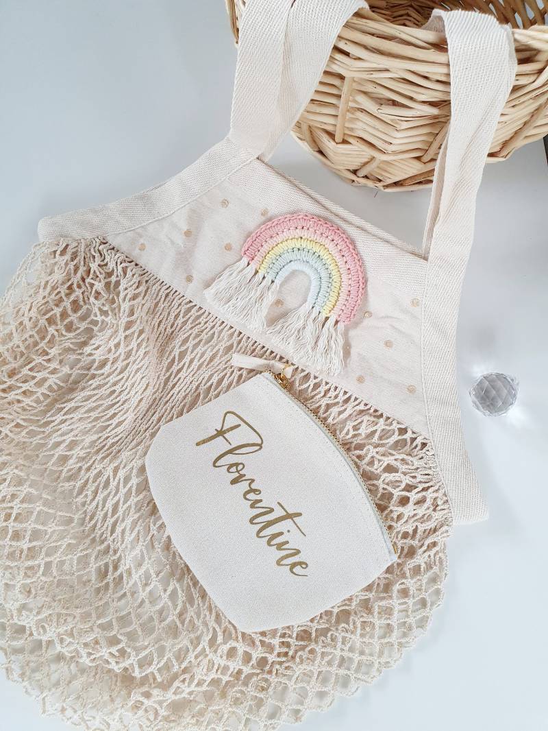 Netztasche Regenbogen Set + Personalisierter Gelbeutel Gold Fairtrade Sandspielzeug Tasche Bunt Kinder Netbag von Avocadopink