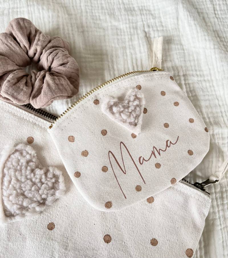 Plüsch Herz Täschchen Gelbeutel Mama Beige Creme Braun Tasche Mit Name Personalisierbar Gepunktet Mädchen Geschenk Muttertag von Avocadopink