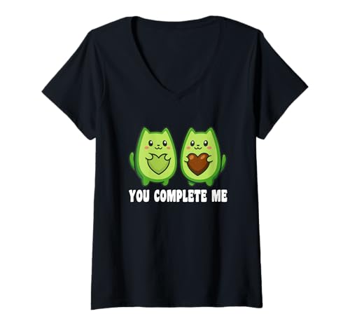 Damen You Complete Me Niedliches Avocado-Katzenpaar T-Shirt mit V-Ausschnitt von Avocato Love Pun
