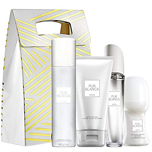 Avon Pur Blanca Parfumset 4 tlg. Eau de Parfum Spray/Bodylotion/Deoroller/Parfumroller blumig/frisch + goldene Geschenktasche von Avon