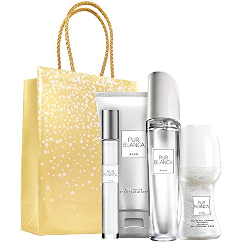 Avon Pur Blanca Parfumset 4 tlg. Eau de Parfum Spray/Bodylotion/Deoroller/Parfumroller blumig/frisch + goldene Geschenktasche von Avon