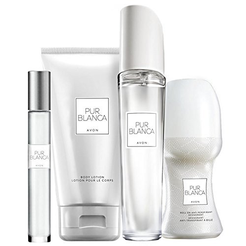 Avon Pur Blanca Parfumset 4 tlg. Eau de Parfum Spray/Bodylotion/Deoroller/Parfumroller blumig/frisch +weihnachtliche Geschenktasche von Avon