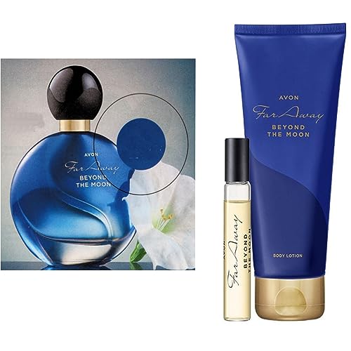 Avon Set1x Far Away Beyond The Moon Parfum 50ml Spray1x Taschenspray 10ml und 1x Bodylotion 125ml mit Sandelholz Wildkirsche Belle de Nuit für Damen intensives Parfum von Avon