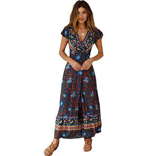 Avondii Blumen Tunika Kleid Damen Sommerkleid Damen Sexy V-Ausschnitt Kleider Freizeitkleider für Damen(L,Blau) von Avondii