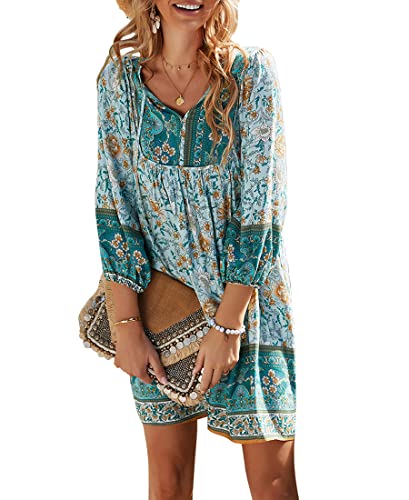 Avondii Boho Kleid Damen Kurz Sommer Kleider Knielang Strandkleid Leicht Blumenkleid (XL, Blau) von Avondii