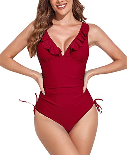 Avondii Damen Badeanzug Push Up V-Ausschnitt Einteilige Bademode Swimsuit (M, Rot) von Avondii