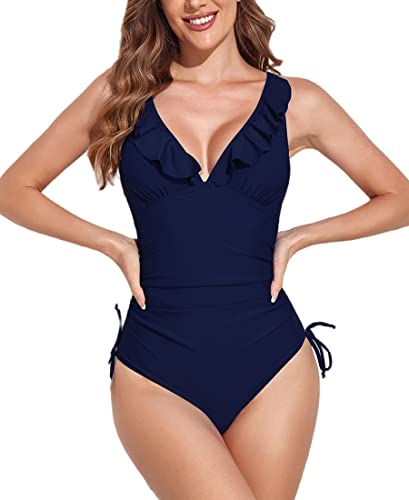 Avondii Damen Badeanzug Push Up V-Ausschnitt Einteilige Bademode Swimsuit (S, Dunkelblau) von Avondii