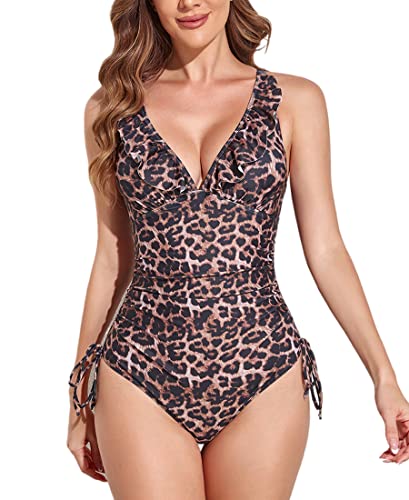 Avondii Damen Badeanzug Push Up V-Ausschnitt Einteilige Bademode Swimsuit (XL, A-Leopard) von Avondii