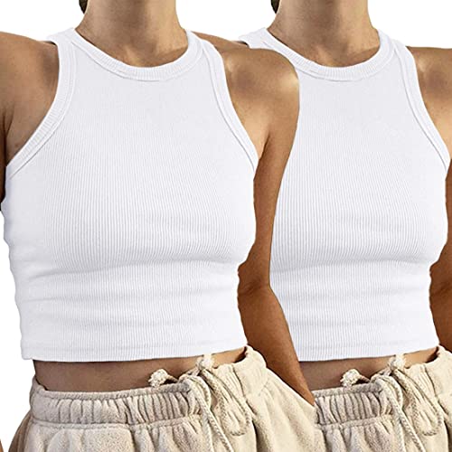 Avondii Damen Crop Tops Sommer Kurz Oberteil Ärmelloses Top(M, Weiß+Weiß) von Avondii