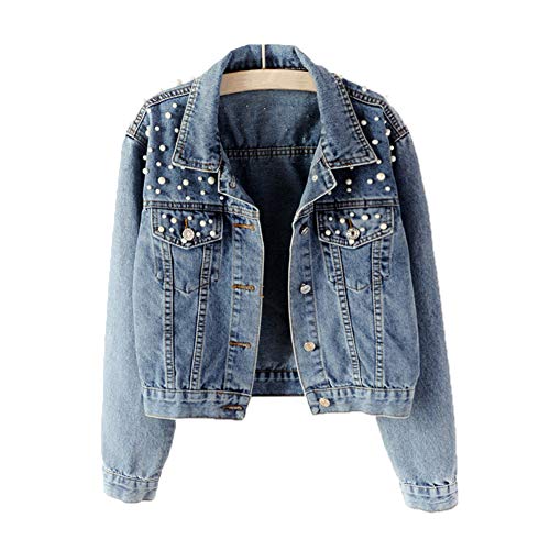 Avondii Damen Jeansjacke mit Perlen Kurz Blau Denim Jacke Tops(2XL, Blau) von Avondii