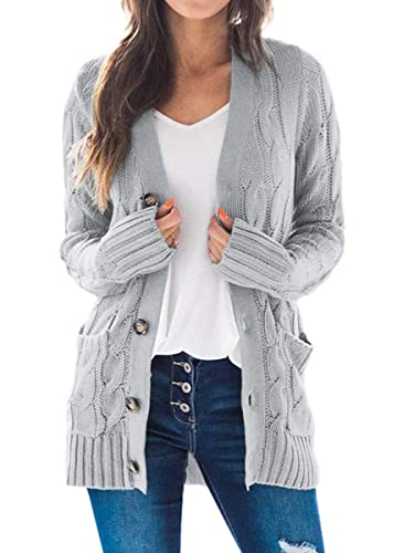 Avondii Damen Lang Strickjacke mit Knöpfen Strick Wasserfall Cardigan Strickjacken (M, Grau) von Avondii