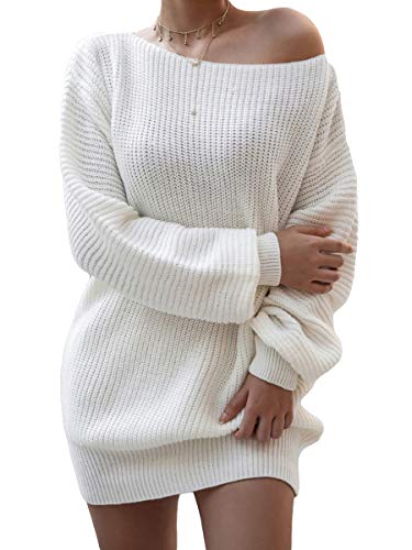 Avondii Damen Langarm Pullover One Shoulder Sweatshirt Schulterfrei Strickpullover (XL, Weiß) von Avondii