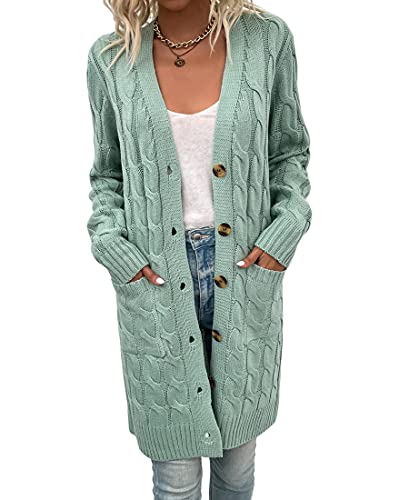 Avondii Damen Langarm Strickjacke mit Knöpfen Lang Strickjacke Oversize Grobstrickjacke (L, hellgrün) von Avondii