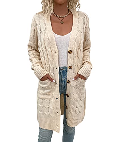 Avondii Damen Langarm Strickjacke mit Knöpfen Lang Strickjacke Oversize Grobstrickjacke (M, Beige) von Avondii