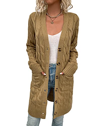 Avondii Damen Langarm Strickjacke mit Knöpfen Lang Strickjacke Oversize Grobstrickjacke (S, Khaki) von Avondii