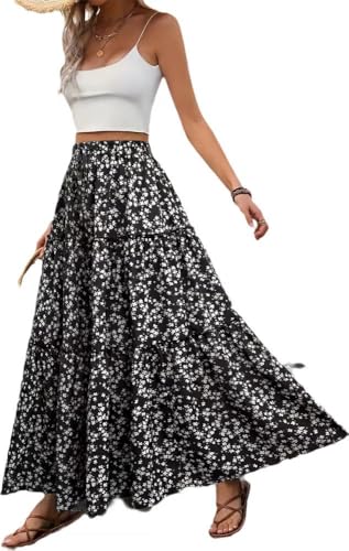 Avondii Damen Langrock Sommer Strandrock Elastische Taille Chiffon Blumenmuster A Linie Sommerrock Schwarz-L von Avondii