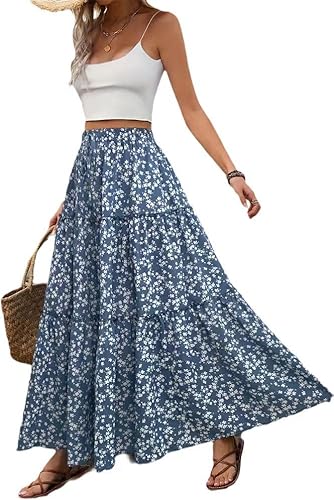 Avondii Damen Langrock Sommer Strandrock Elastische Taille Chiffon Blumenmuster A Linie Sommerrock blau-XS von Avondii