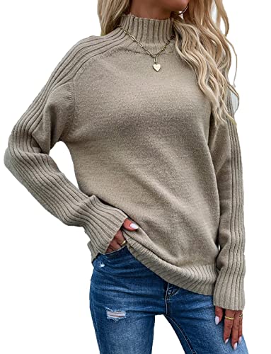 Avondii Damen Rollkragenpullover Langarm Elegant Pullove Sweatshirt Schulterfrei Strickpullover(Kamel,M) von Avondii