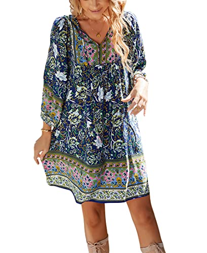 Avondii Boho Kleid Damen Kurz Sommer Kleider Knielang Strandkleid Leicht Blumenkleid (S, Navy Blau) von Avondii