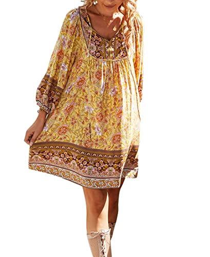 Avondii Boho Kleid Damen Kurz Sommer Kleider Knielang Strandkleid Leicht Blumenkleid (XL, Gelb) von Avondii