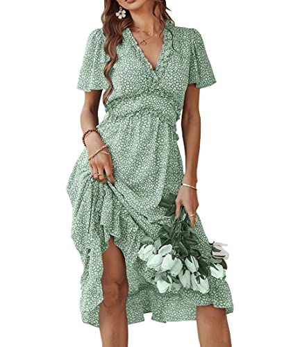 Avondii Sommerkleid Damen V-Ausschnitt Boho Kleider Sommer Blumen Kurzarm Chiffonkleid Maxikleid Blumenkleid Cocktailkleid (L, Hellgrün) von Avondii