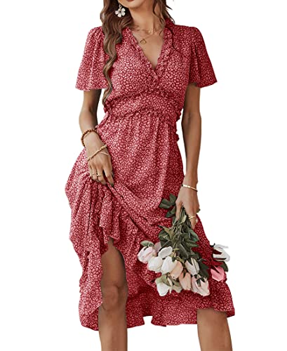 Avondii Boho Kleid Damen V Ausschnitt Sommerkleider Blumen Kurzarm Chiffonkleid (M, Weinrot) von Avondii