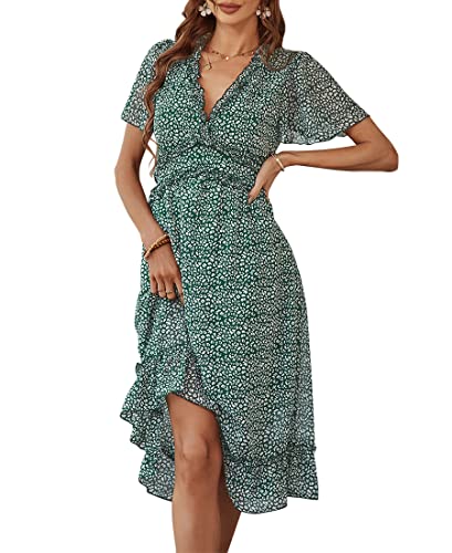 Avondii Sommerkleid Damen V-Ausschnitt Boho Kleider Sommer Blumen Kurzarm Chiffonkleid Maxikleid Blumenkleid Cocktailkleid (S, Grün) von Avondii