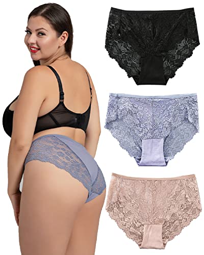 Avondii Damen Spitzenhosen Oversized Sexy Spitze Frauen Bikini Slips Große Größen Unterhosen Unterwäsche（3Pack, E-Mehrfarbig, 3XL） von Avondii