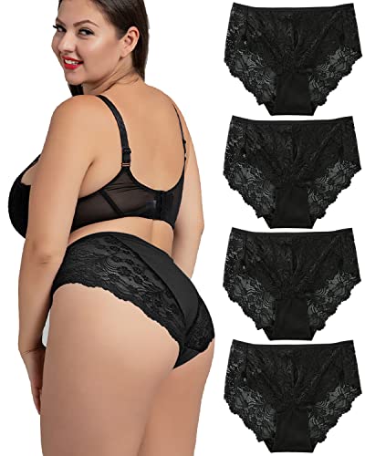 Avondii Damen Spitzenhosen Oversized Sexy Spitze Frauen Bikini Slips Große Größen Unterhosen Unterwäsche（4Pack, Schwarz, 3XL） von Avondii