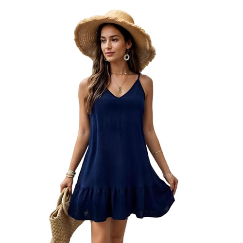 Avondii Damen Strandkleid Sommer V-Ausschnitt lässig Spaghetti-Träger Kleid Swing Trägerkleid Vertuschungskleid Blau-XL von Avondii