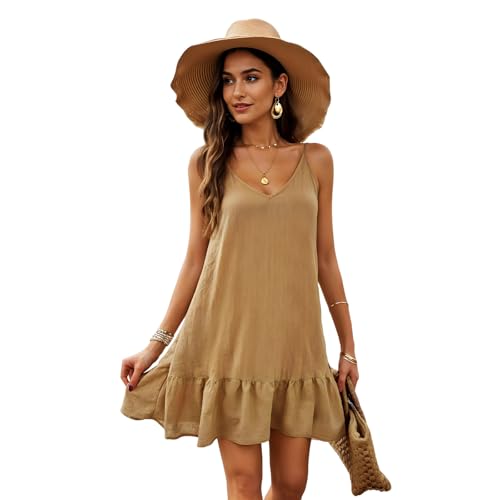 Avondii Damen Strandkleid Sommer V-Ausschnitt lässig Spaghetti-Träger Kleid Swing Trägerkleid Vertuschungskleid Khaki-XL von Avondii