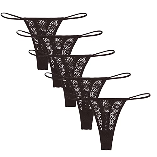 Avondii Damen String Tanga Nahtlose Weiche Stretch Atmungsaktiver Hipster Unterwäsche Spitze Thong Set, 5er Pack (L, Schwarz) von Avondii