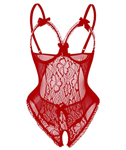 Avondii Damen Transparent Reizwäsche Oberteil Lingerie Bodysuit Nachtwäsche (M, Rot) von Avondii