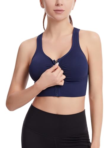 Avondii Sport BH Damen Starker Halt Active Bra Crossback Höhe Beanspruchung Trainieren Bustier Nahtlose Joggen Yoga Fitness Bra - mit Front-Reißverschluss 1 Pack（2XL-Blau） von Avondii