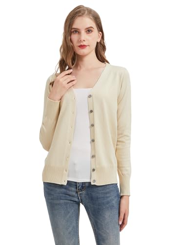 Avondii Strickjacke Damen Kurz Strick Cardigan V-Ausschnitt,Elegante Leichte Frauen Herbst Freizeit Langarm Cardigan mit Knöpfen （L-Apricot） von Avondii