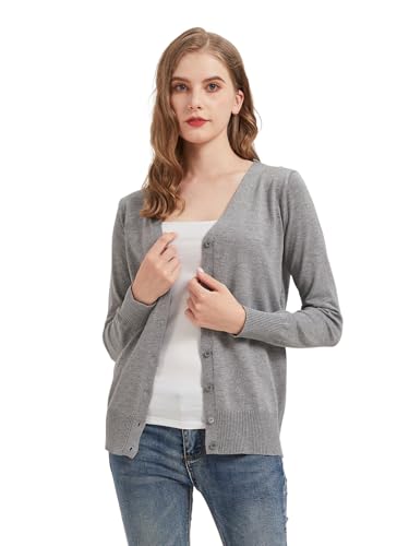 Avondii Strickjacke Damen Kurz Strick Cardigan V-Ausschnitt,Elegante Leichte Frauen Herbst Freizeit Langarm Cardigan mit Knöpfen （L-Hellgrau） von Avondii