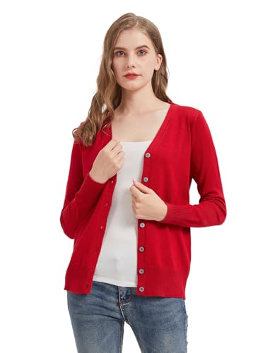 Avondii Strickjacke Damen Kurz Strick Cardigan V-Ausschnitt,Elegante Leichte Frauen Herbst Freizeit Langarm Cardigan mit Knöpfen （L-Rot） von Avondii