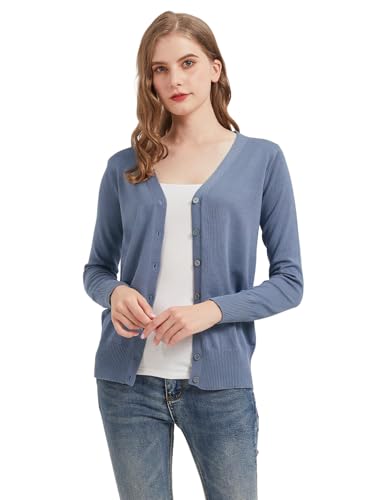 Avondii Strickjacke Damen Kurz Strick Cardigan V-Ausschnitt,Elegante Leichte Frauen Herbst Freizeit Langarm Cardigan mit Knöpfen （M-Denim-blau） von Avondii