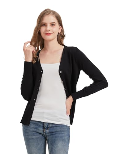 Avondii Strickjacke Damen Kurz Strick Cardigan V-Ausschnitt,Elegante Leichte Frauen Herbst Freizeit Langarm Cardigan mit Knöpfen （S-Schwarz） von Avondii