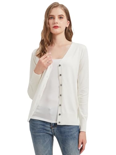 Avondii Strickjacke Damen Kurz Strick Cardigan V-Ausschnitt,Elegante Leichte Frauen Herbst Freizeit Langarm Cardigan mit Knöpfen （XS-Weiß） von Avondii