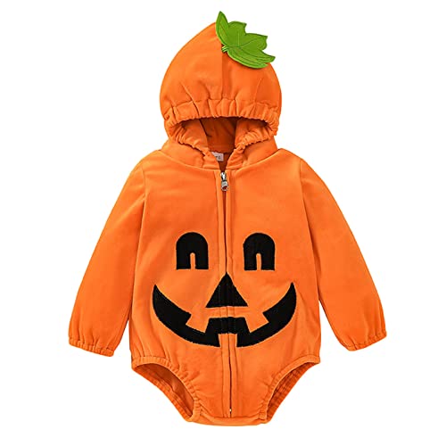 Avrilight Halloween Kürbis Form Baby Kostüm Kleinkind Jungen Mädchen Langarm Reißverschluss Strampler Cartoon Prints Kostüm Hoodie Overall Fleece Schlafanzug Baby (W22-Orange, 18-24 Months) von Avrilight