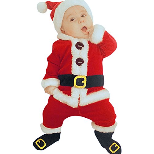 Baby Kleinkind Unisex Weihnachtsmann Kostüme Langärmeliges Oberteil + Hose + Socken + Mütze 4-teiliges Anzug-Outfit Mädchen, Jungen, Weihnachtsmannanzug, Cosplay-Kostüm (Red, 80) von Avrilight